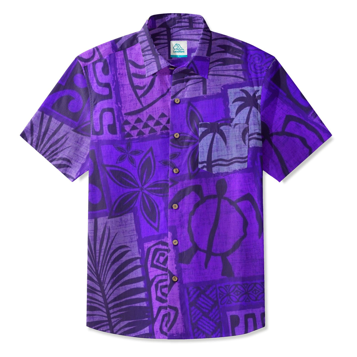 LeosWare® Men's Hawaiian Shirt Short Sleeve Button-upBreathable & Quick-Dry Aloha Tiki Mood(Royal Purple)